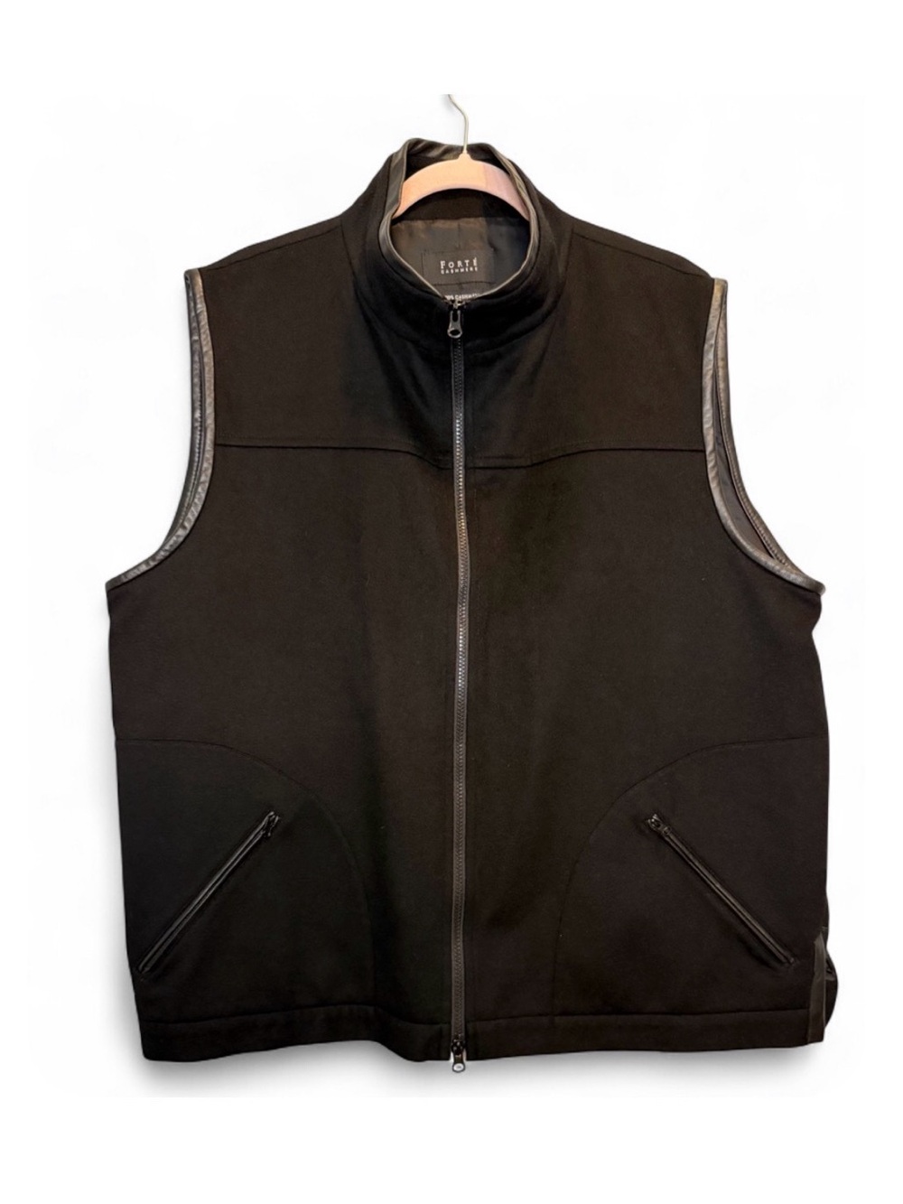 FORTE 100% Cashmere Luxury Black Full Zip Vest Leather Trim Size XL Designer